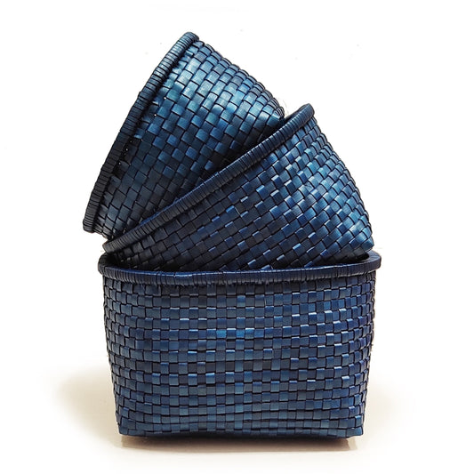 blue handwoven palm baskets (set of 3)
