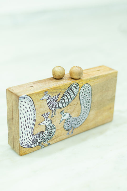 rectangular peacock clutch in wood with mata ni pachedi work