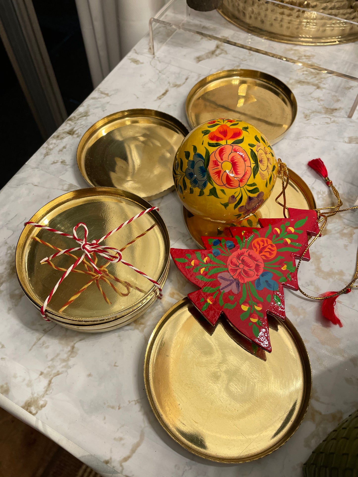 gift basket with brass coasters